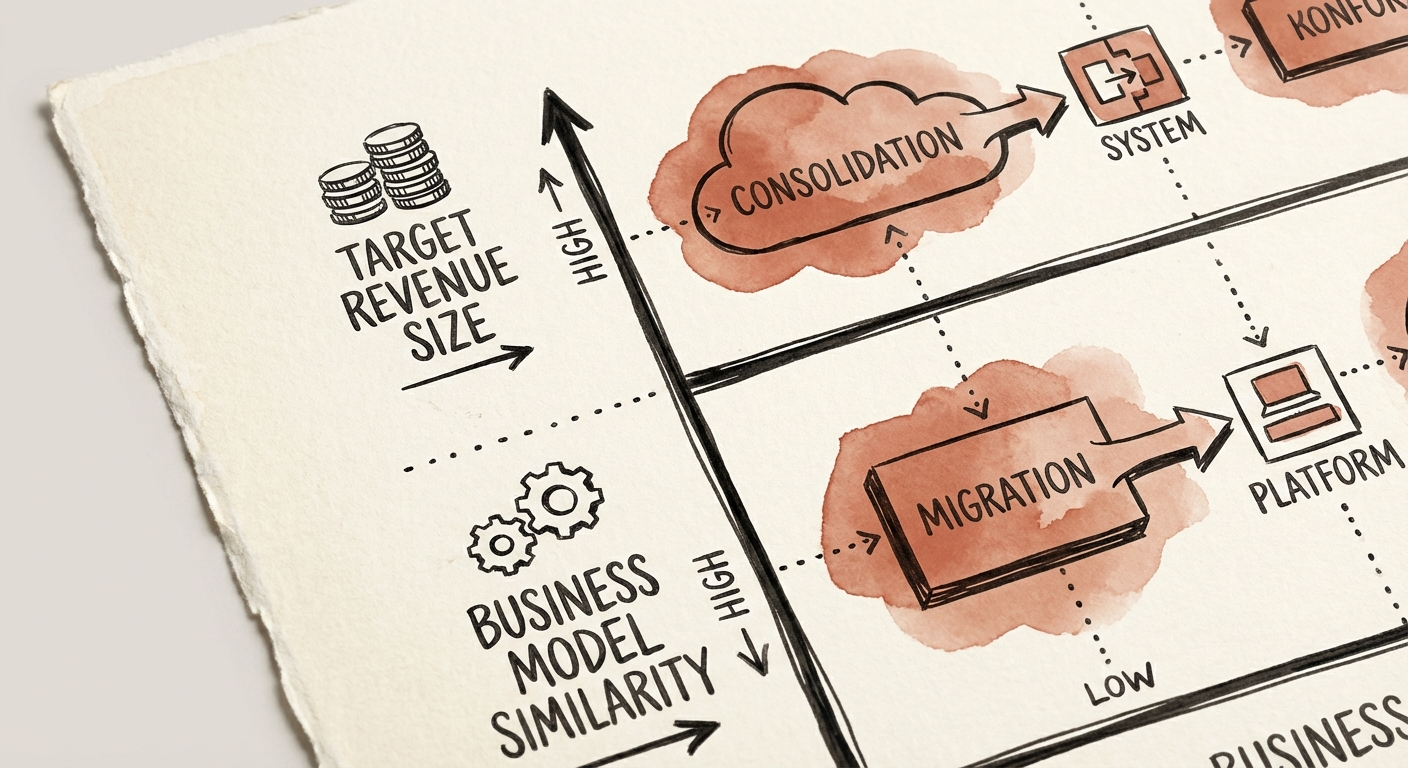 A matrix diagram plotting Target Revenue Size against Business Model Similarity to determine ERP integration strategy.