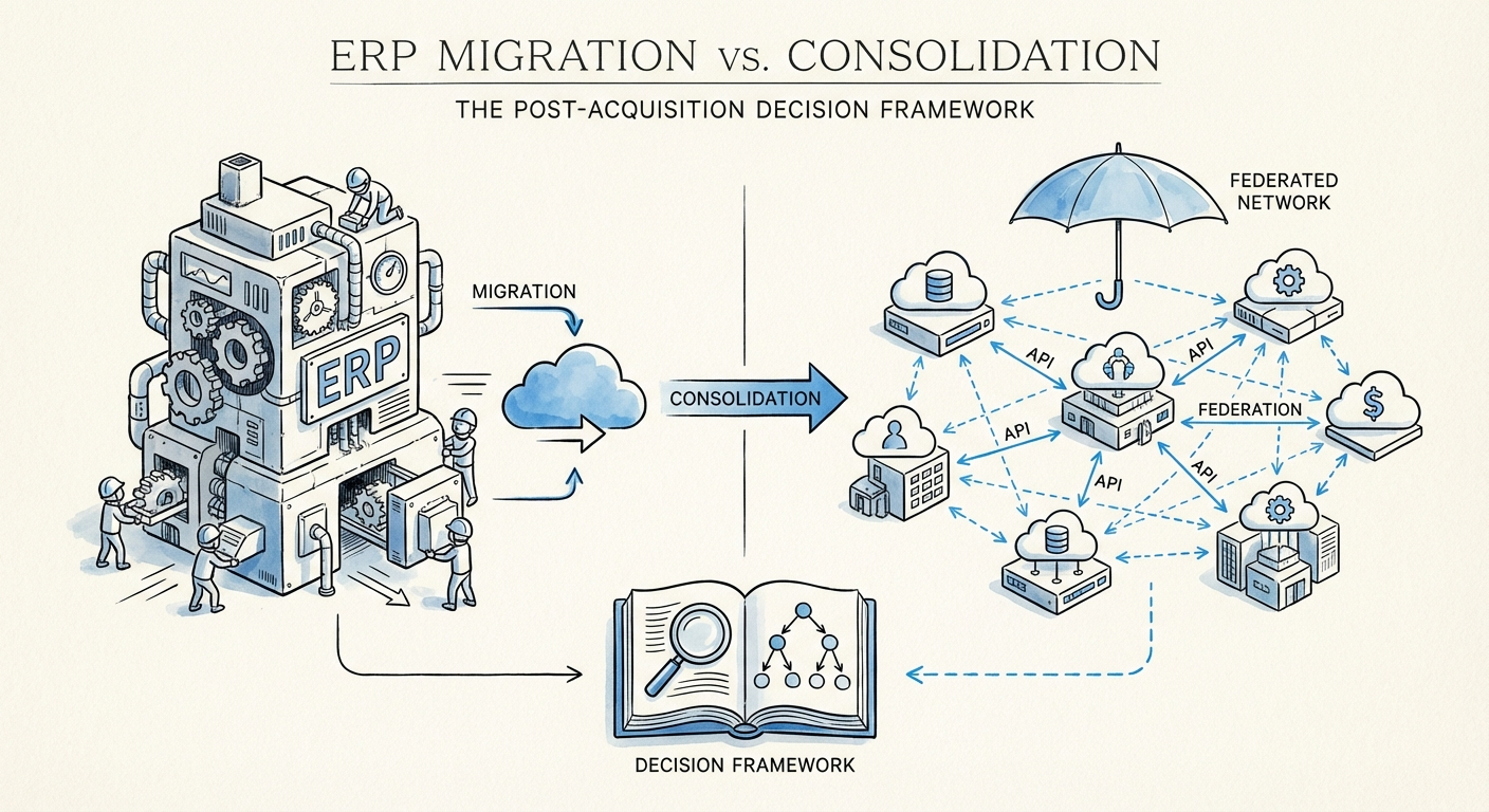 A split-screen illustration showing a monolithic ERP system versus a federated API-connected network of systems, symbolizing the decision between consolidation and federation.