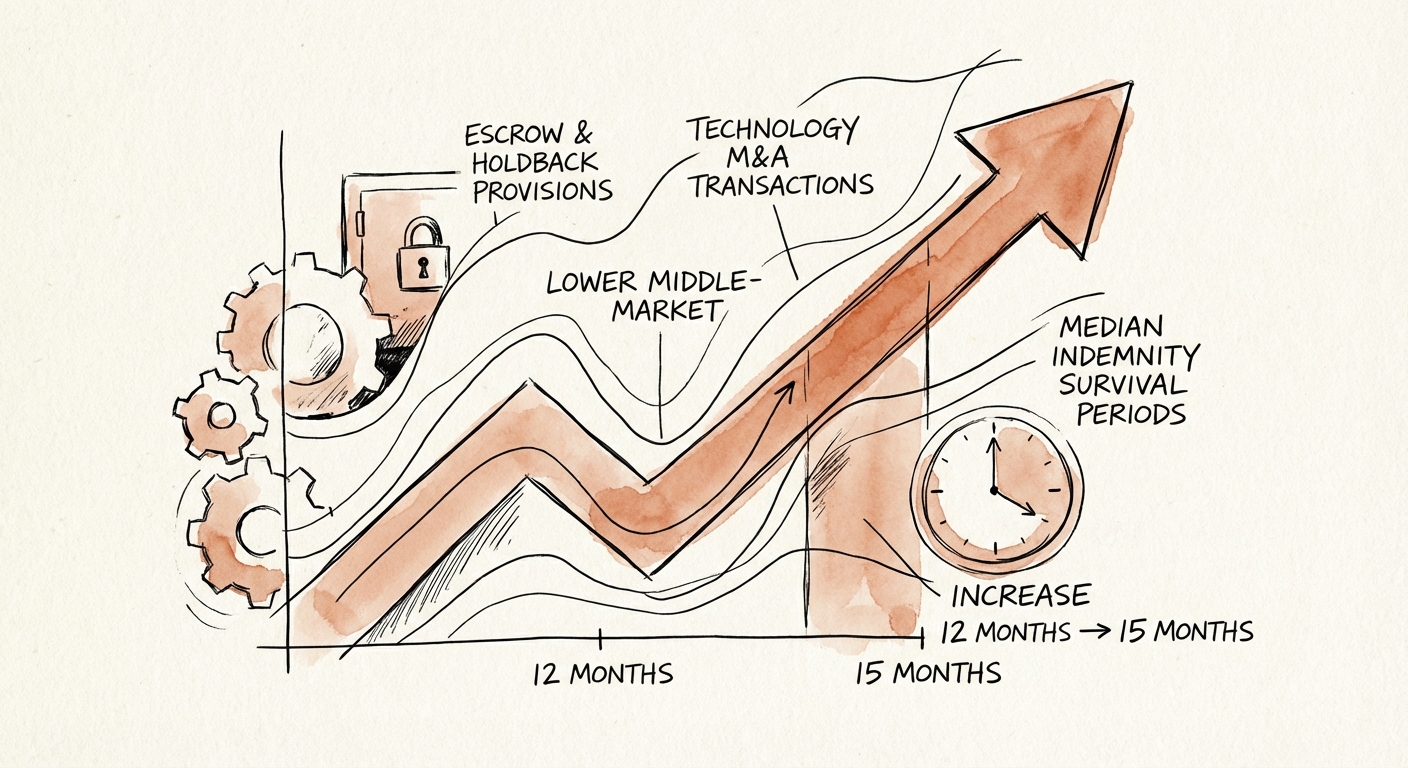 Chart showing the increase in median indemnity survival periods from 12 months to 15 months in lower middle-market M&A.