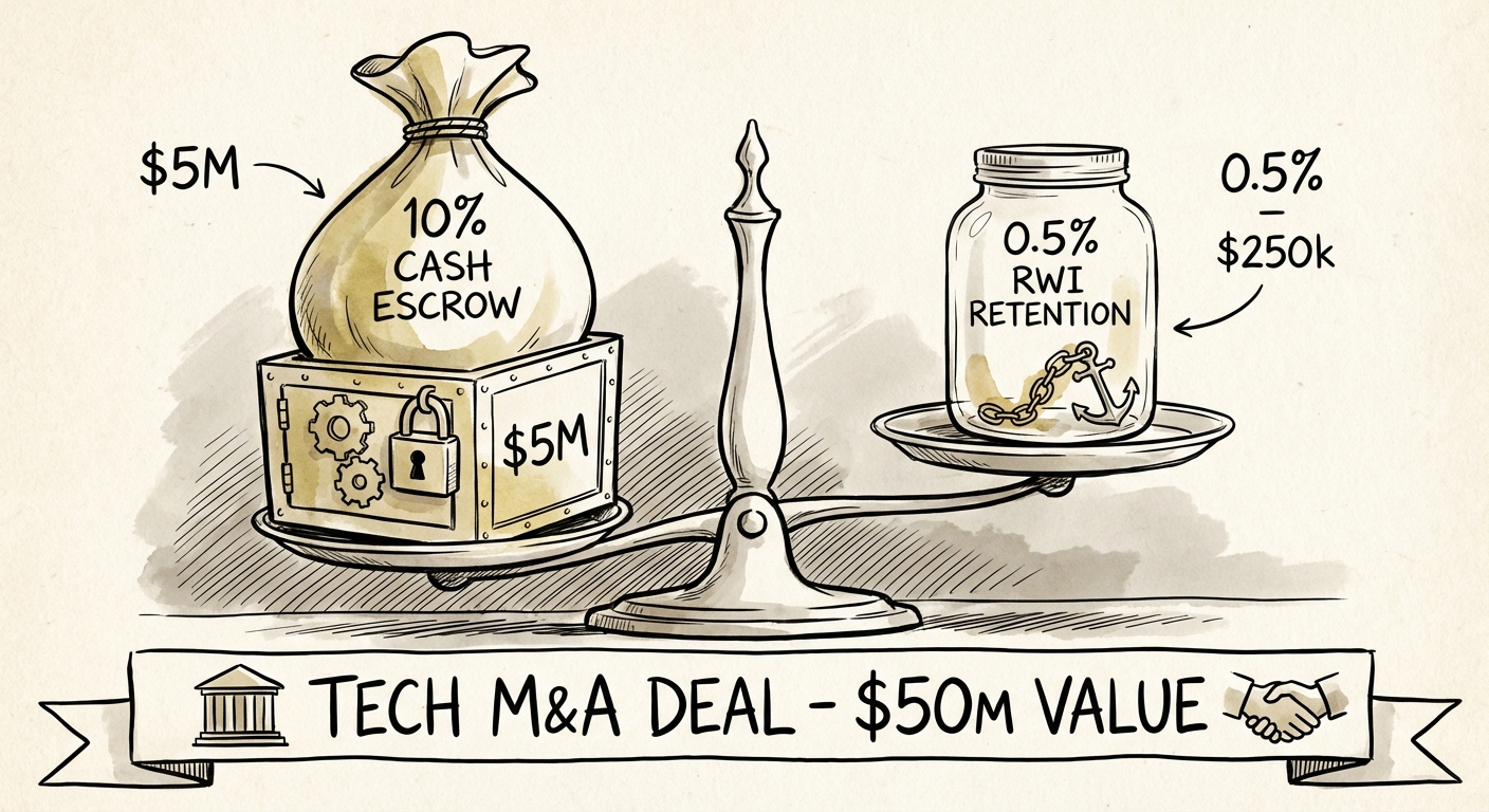Visual comparison of a 10% cash escrow versus a 0.5% RWI retention in a $50M technology acquisition.
