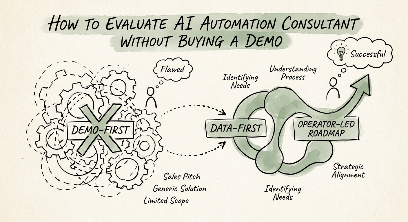 Evaluation checklist comparing demo-led AI automation with governed workflow-led implementation.