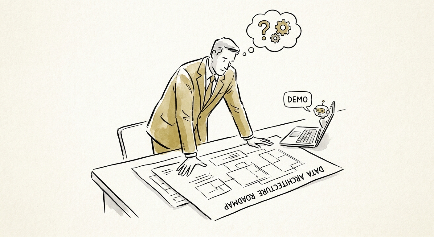 Business leader reviewing an AI automation workflow map and evaluation checklist instead of a product demo screen.
