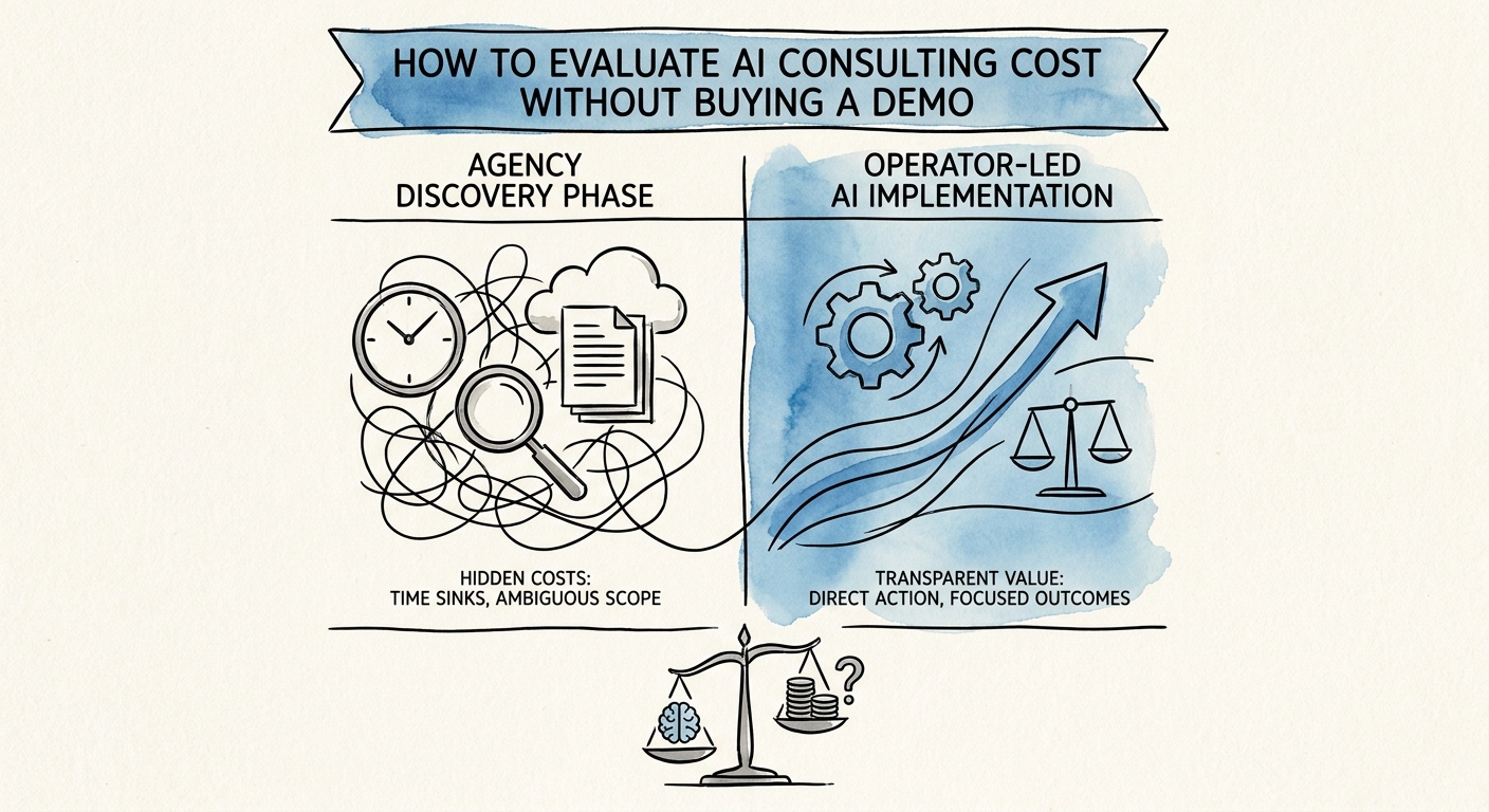AI consulting cost model showing workflow scope, data cleanup, governance, integration, training, and measurement.
