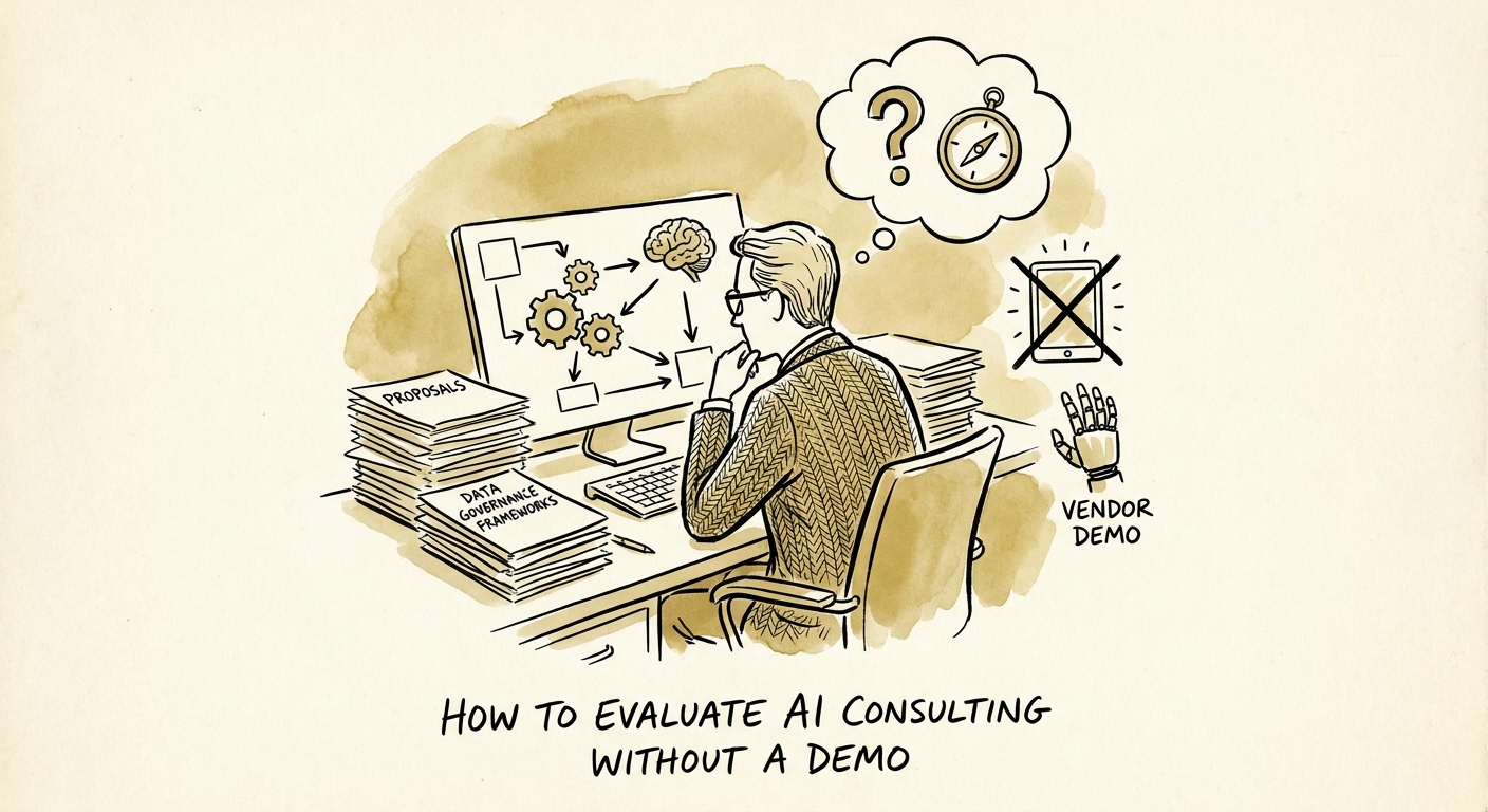 Small business owner evaluating AI consulting options with a workflow, owner, data, risk, and ROI checklist.