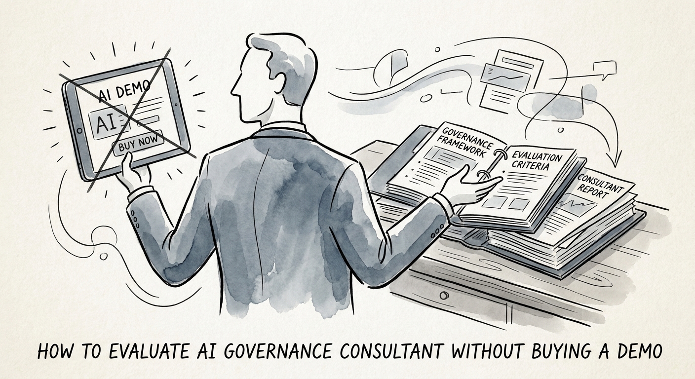 Executive team comparing AI governance consultants using risk, workflow, data protection, and adoption criteria.