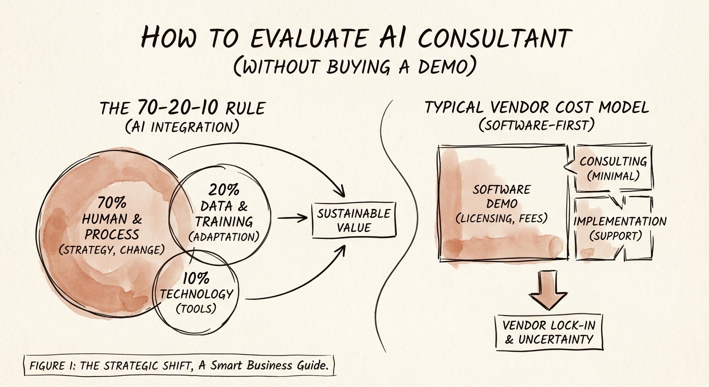Workflow map showing sources, review rules, and value measures for AI implementation consultant evaluation.