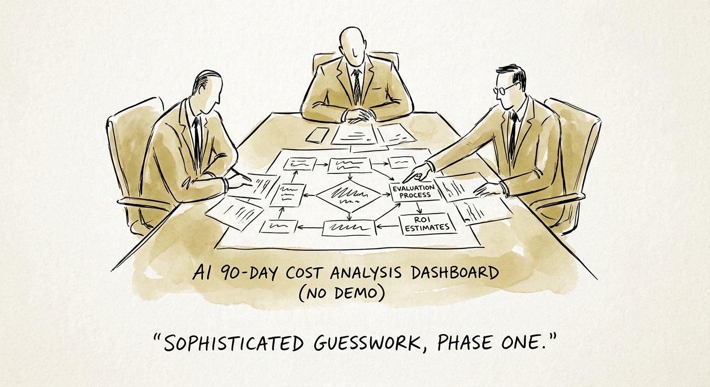 Leadership team reviewing a governed AI workflow plan for an AI implementation budget.
