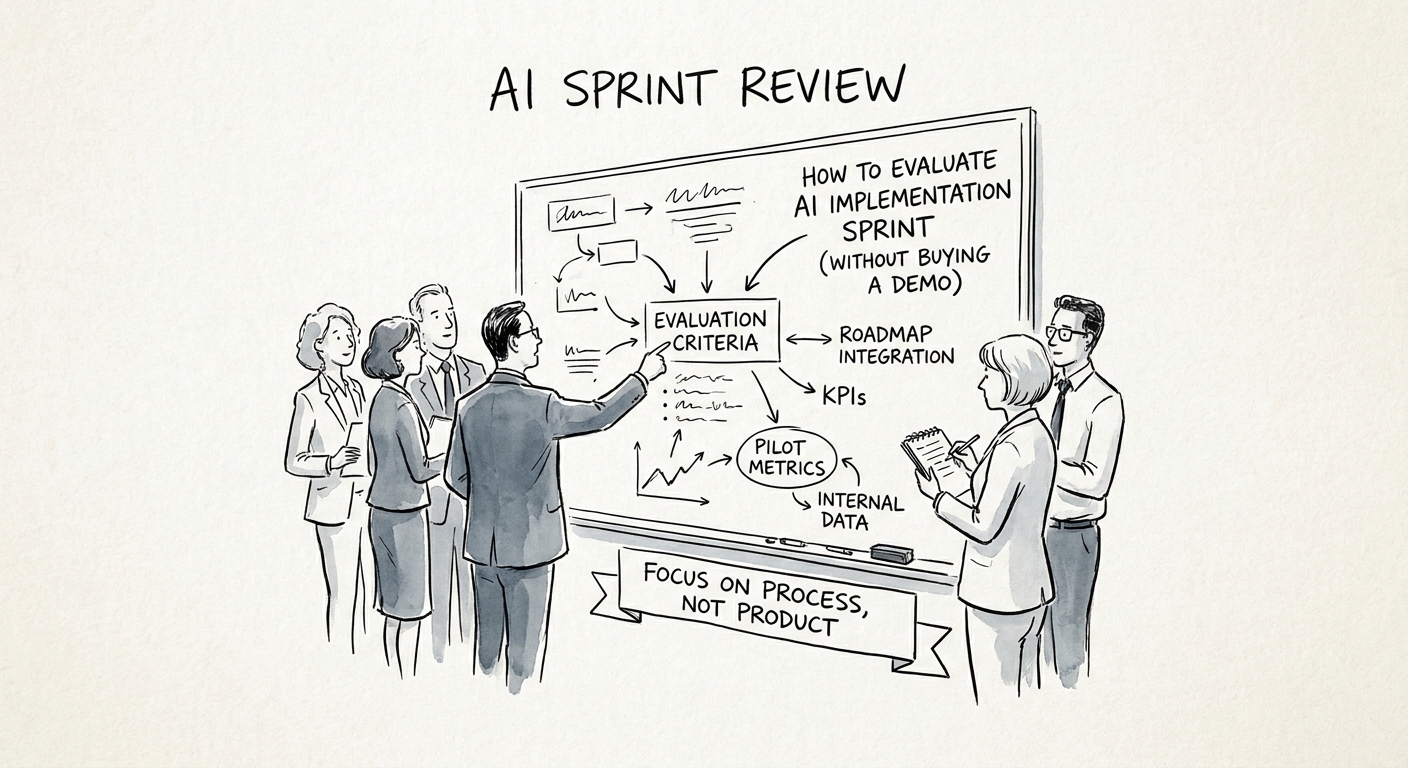 Leadership team evaluating an AI implementation sprint plan with workflow scope, data readiness, controls, and rollout milestones.