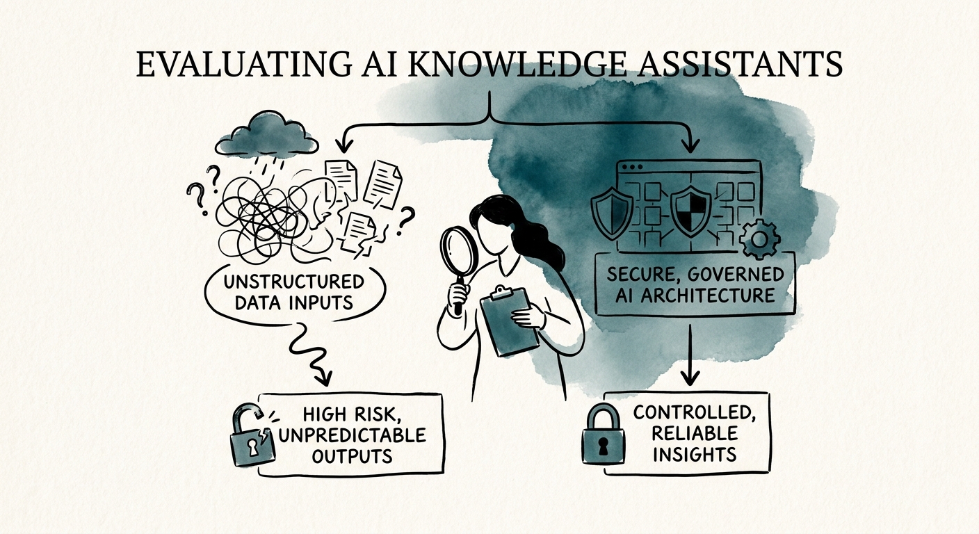 AI implementation checklist for an AI knowledge assistant project showing source quality, permissions, review, adoption, and ROI measurement.