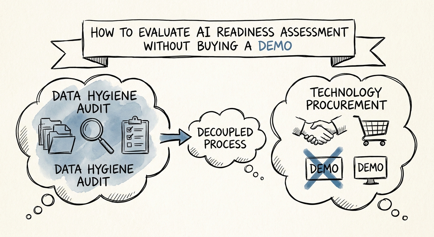 AI readiness assessment buyer checklist with workflow, data, governance, ROI, and adoption criteria.