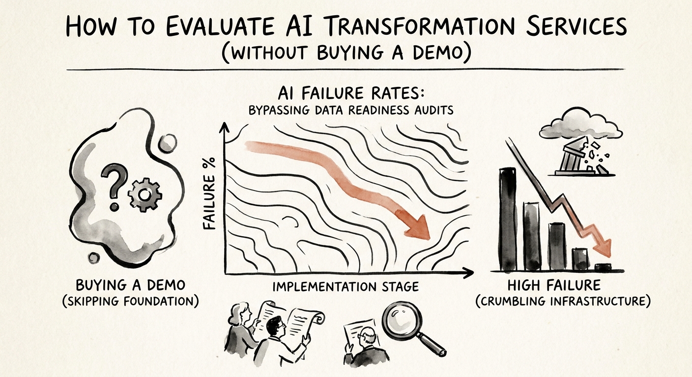 AI transformation services evaluation framework showing workflow selection, data readiness, controls, adoption plan, and operating metrics.
