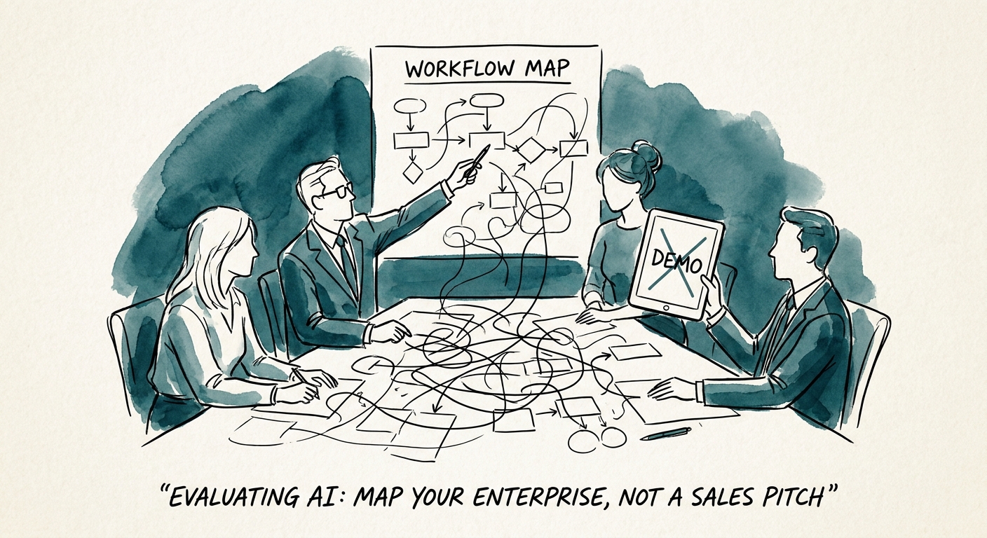 Executive team evaluating AI transformation services with workflow, data readiness, governance, adoption, and economics on a scorecard.