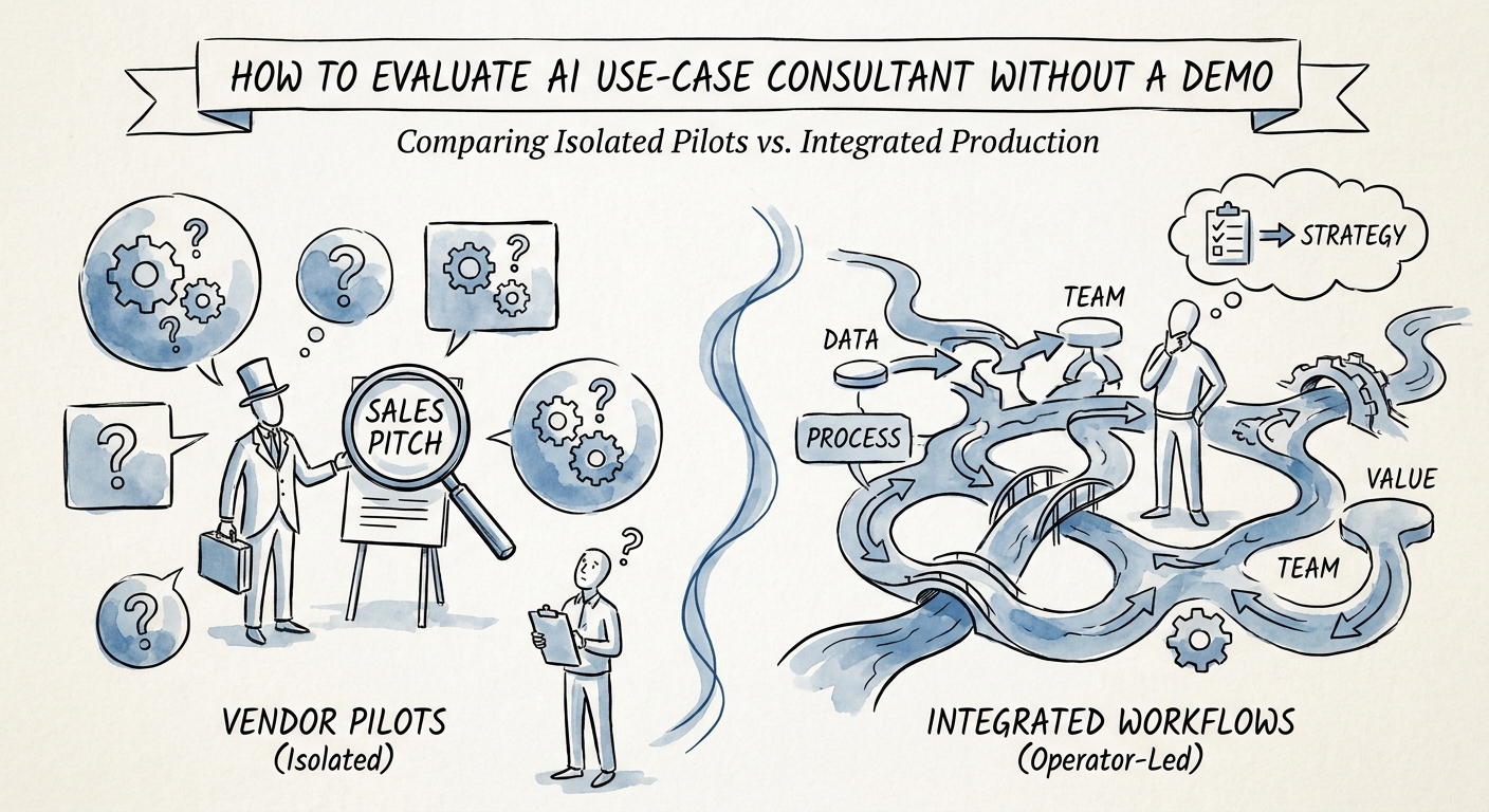 AI consultant evaluation scorecard comparing demo quality against production readiness.