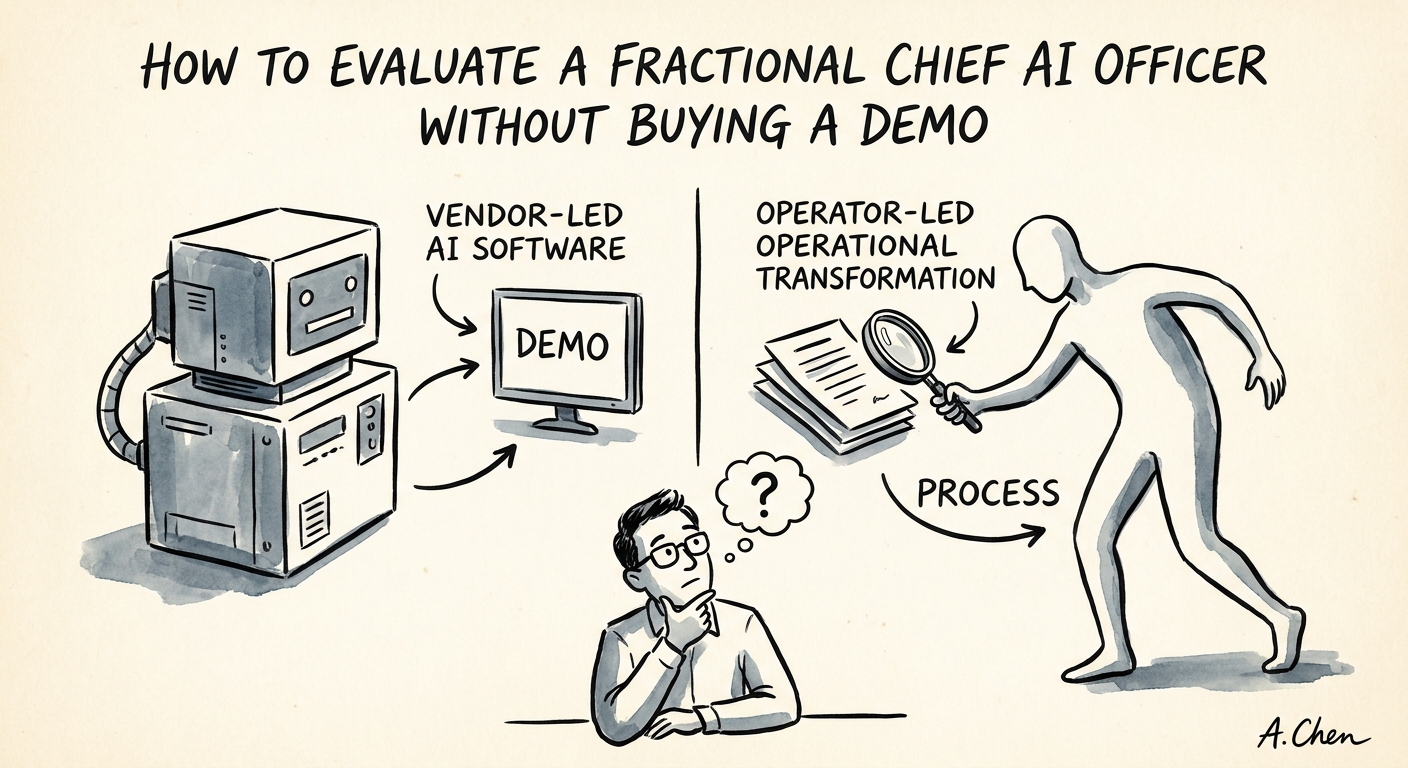 Fractional Chief AI Officer operating model showing workflow, governance, data, and adoption ownership.