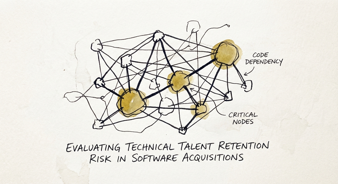 Abstract visualization of software code dependency showing key nodes representing critical engineers in a network
