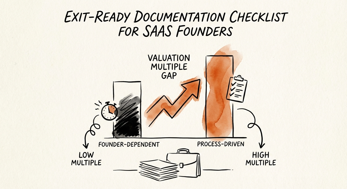 Chart showing valuation multiple gap between 'Founder-Dependent' and 'Process-Driven' SaaS companies.