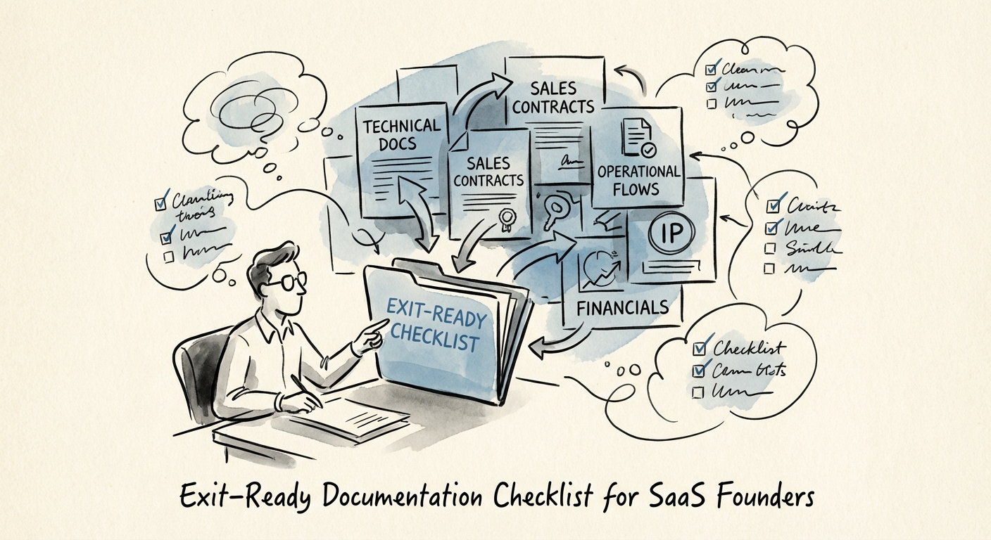 SaaS founder organizing a digital data room with checklists for technical, sales, and operational documentation.