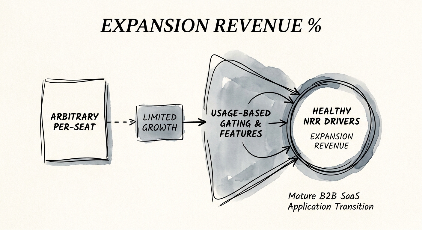 A diagram illustrating the transition from arbitrary per-seat pricing to usage-based feature gating in a mature B2B SaaS application.