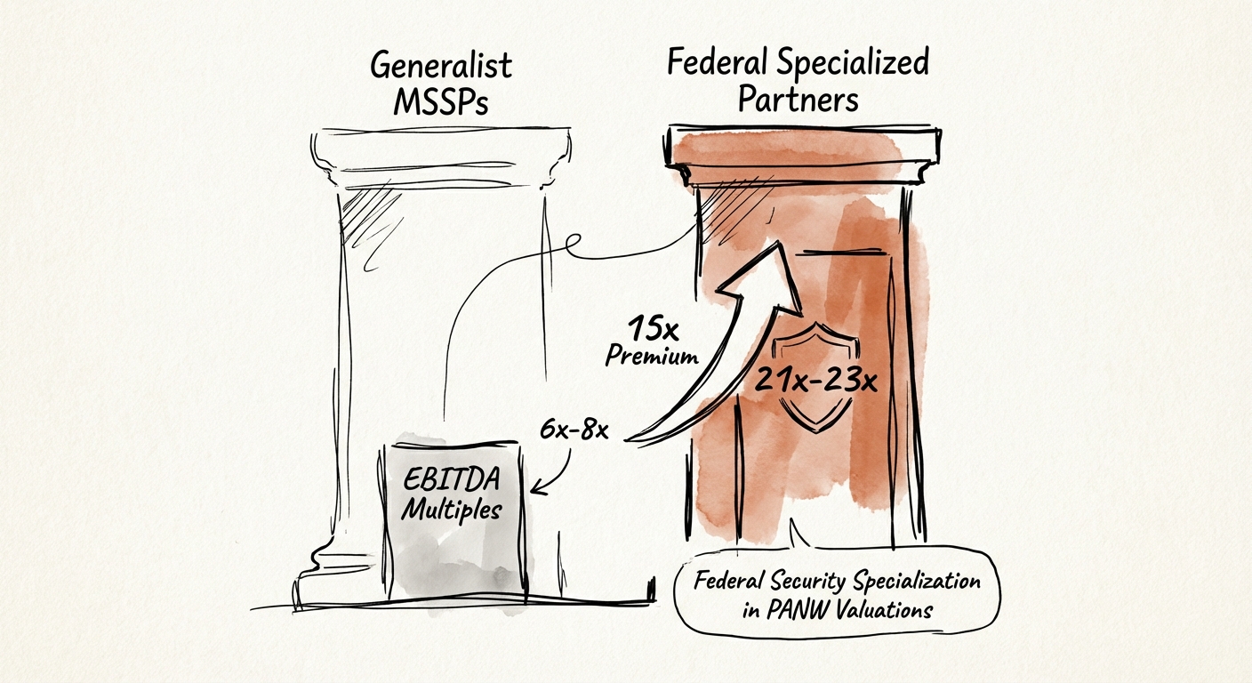 Comparison chart showing EBITDA multiples for Generalist MSSPs versus Federal Specialized Partners, highlighting the 15x premium.