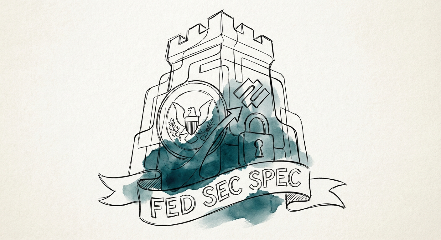 Abstract visualization of a digital fortress with government compliance seals and Palo Alto Networks logo elements, representing the high barrier to entry in federal cybersecurity.