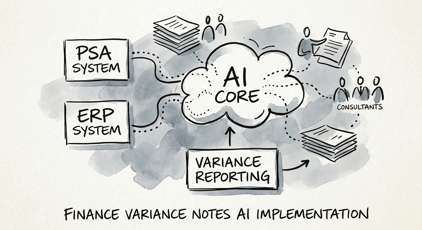 Workflow map showing inputs, review rules, and metrics for finance variance-note review.