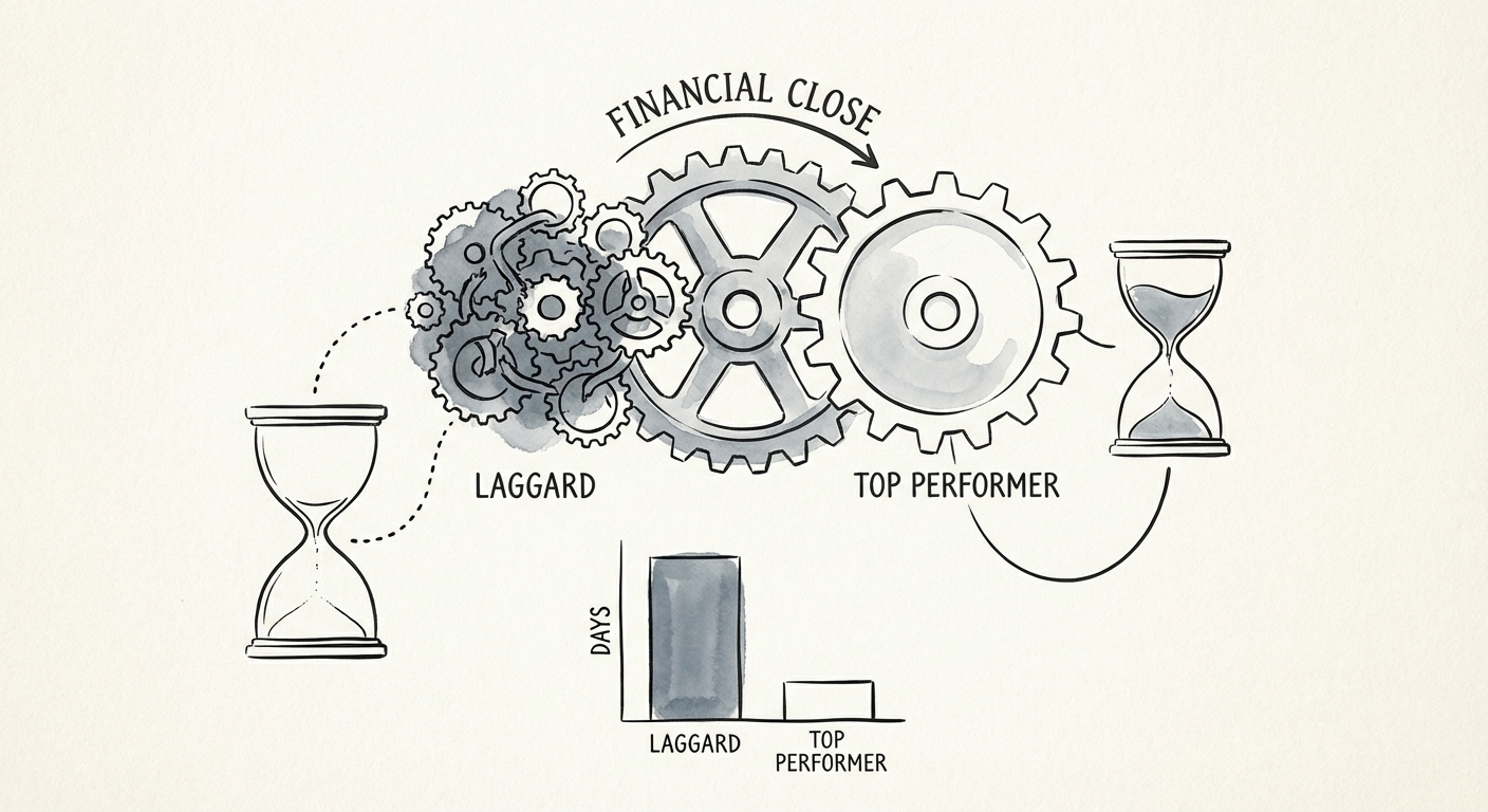 Graph showing financial close cycle time benchmarks comparison between top performers and laggards