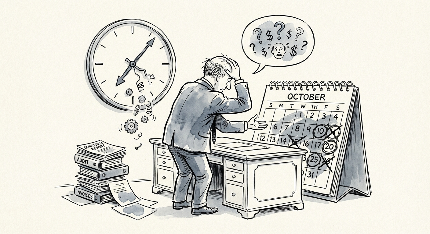 Frustrated CFO looking at calendar with late dates circled, representing delayed financial close
