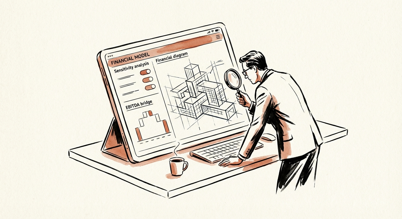 A close-up of a financial model on a monitor showing sensitivity analysis toggles and an EBITDA bridge.