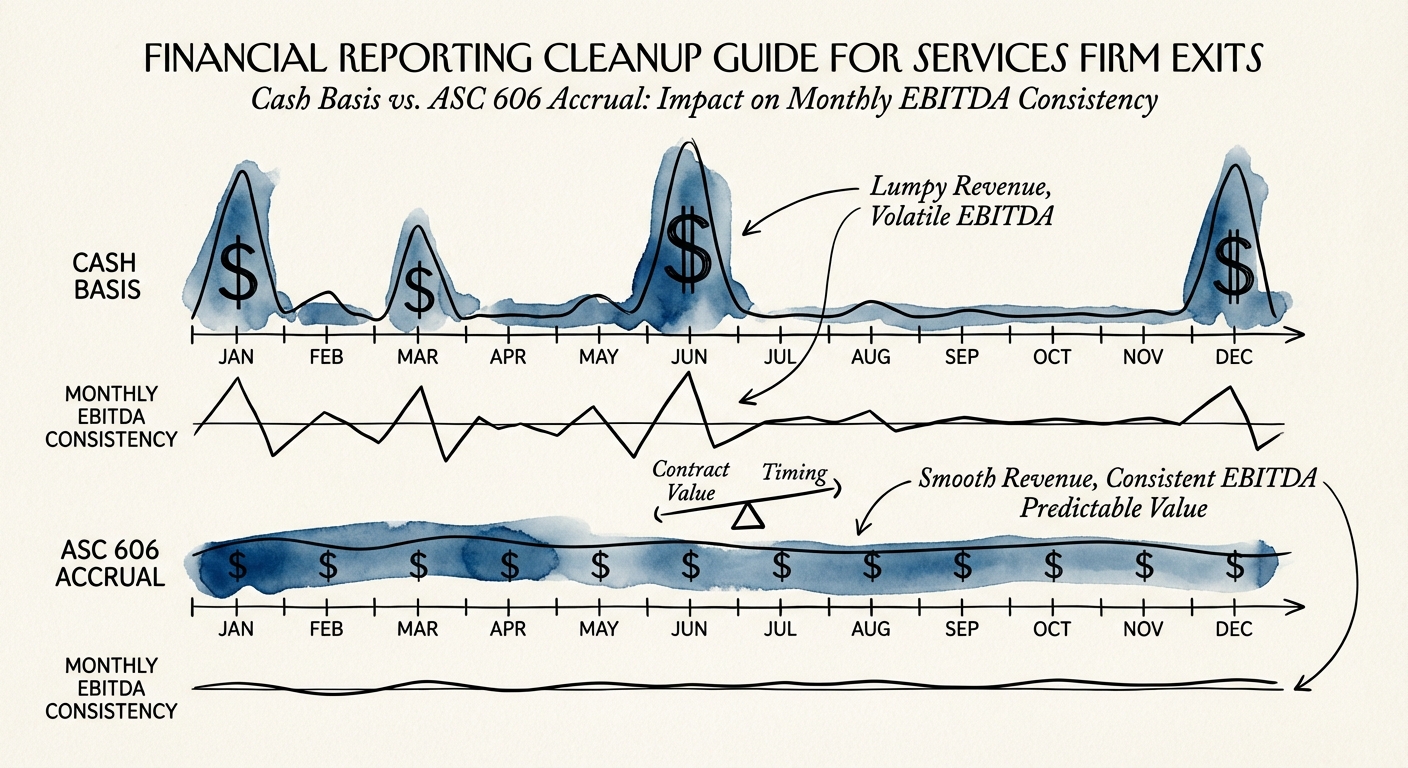 A diagram comparing 'Cash Basis' vs. 'ASC 606 Accrual' revenue recognition for a 12-month services contract, showing the impact on monthly EBITDA consistency.