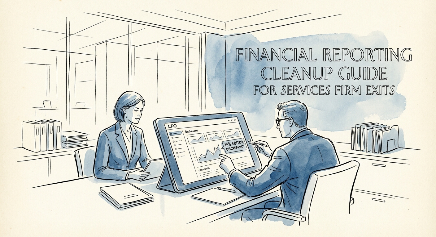 A CFO and CEO reviewing a financial dashboard on a tablet, highlighting a 15% discrepancy in EBITDA during a pre-exit audit meeting.