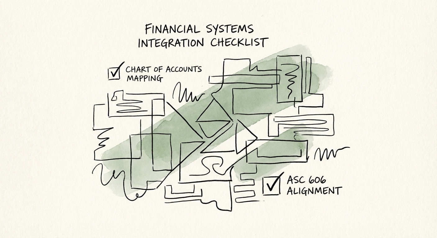Financial systems integration dashboard showing disparate ERP data merging into a unified view