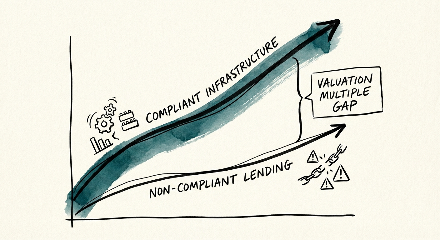 Graph showing valuation multiple gap between compliant infrastructure fintechs and non-compliant lending firms