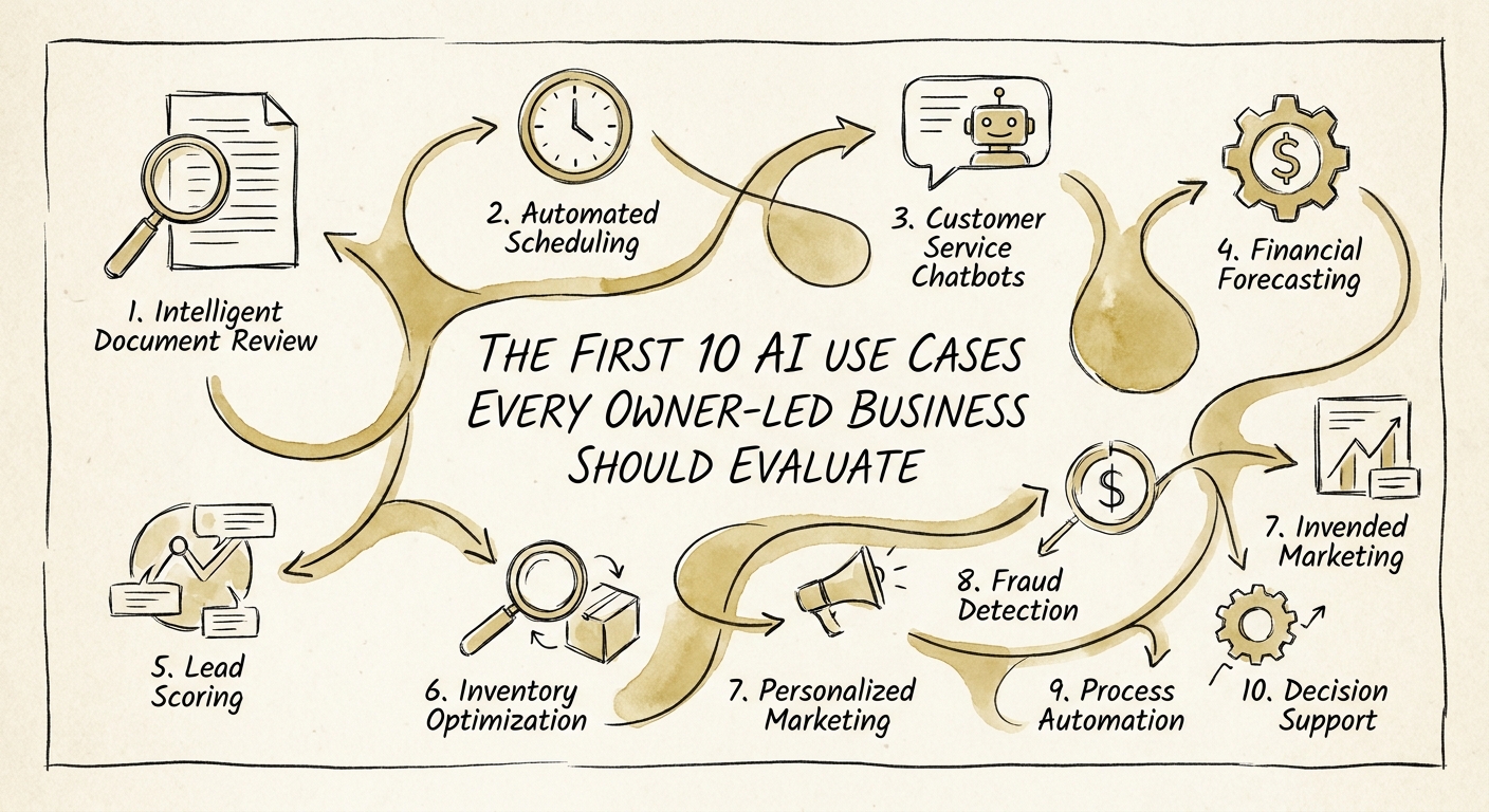 Ten owner-led business AI use cases compared before choosing a first workflow.