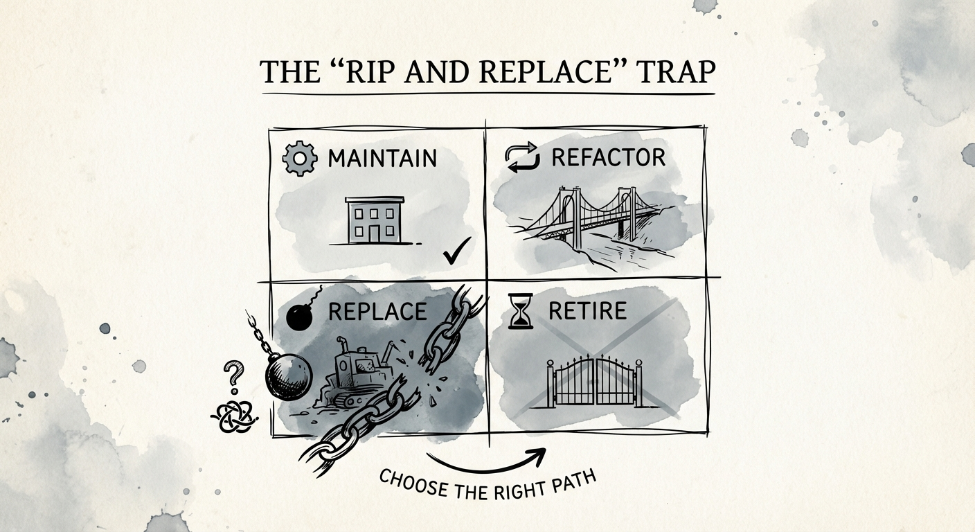 Executive dashboard showing legacy system diagnostic matrix with four quadrants: Maintain, Refactor, Replace, and Retire.