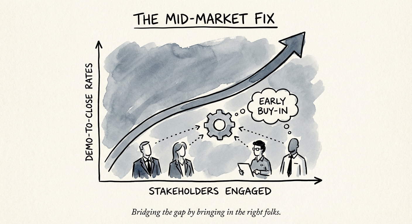 Graph showing the correlation between number of stakeholders engaged and demo-to-close conversion rates in mid-market SaaS