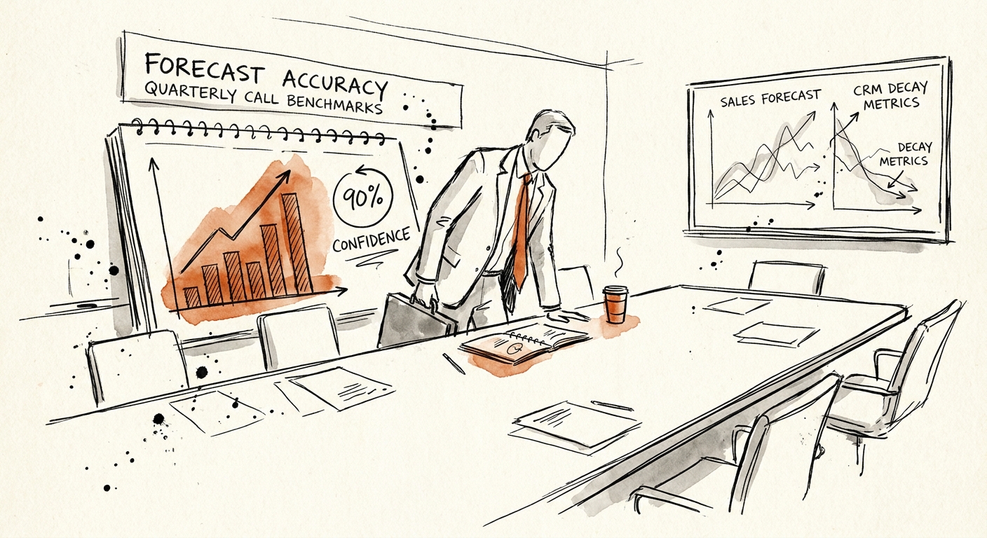 An operating partner reviewing a triangulated sales forecast and CRM decay metrics in a boardroom.