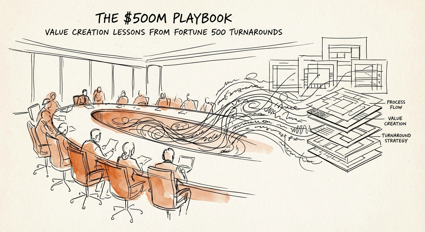 Abstract visualization of a Fortune 500 boardroom with data streams turning into structured blueprints, representing process documentation.