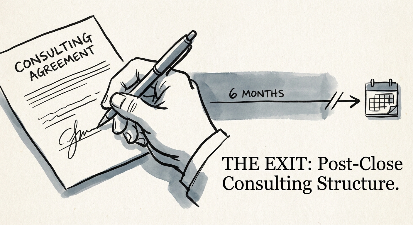 A close-up of a consulting agreement being signed with a 6-month timeline highlighted, symbolizing a clean break.