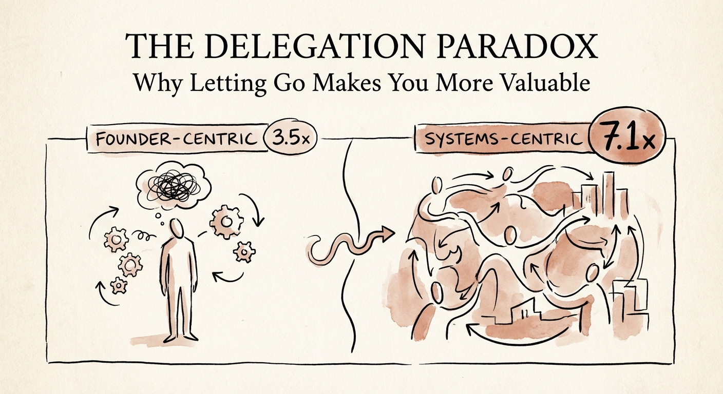 A split graphic showing two valuation multiples: 3.5x for a founder-centric model vs 7.1x for a systems-centric model.