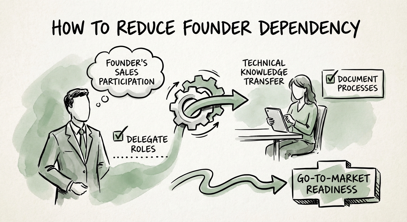 Diagnostic checklist for founder dependency including sales participation and technical knowledge transfer