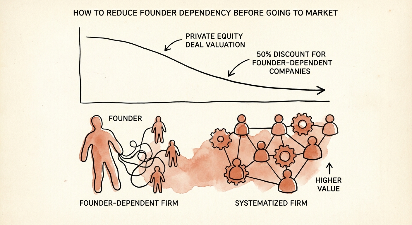 Private equity deal valuation chart showing 50% discount for founder-dependent companies versus systematized firms