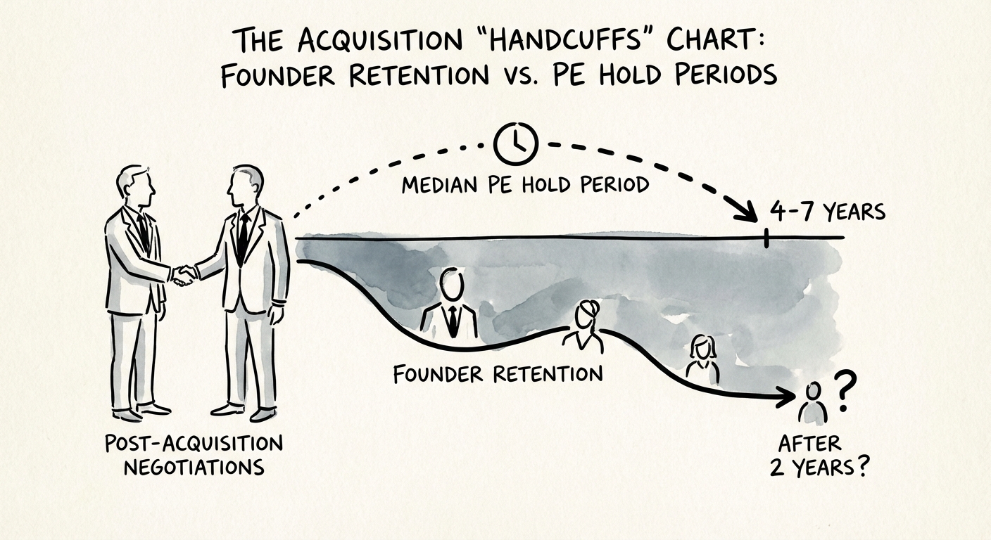 Chart showing median private equity hold periods vs founder retention rates