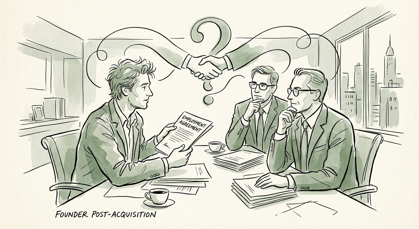 Founder reviewing employment agreement terms with private equity sponsors