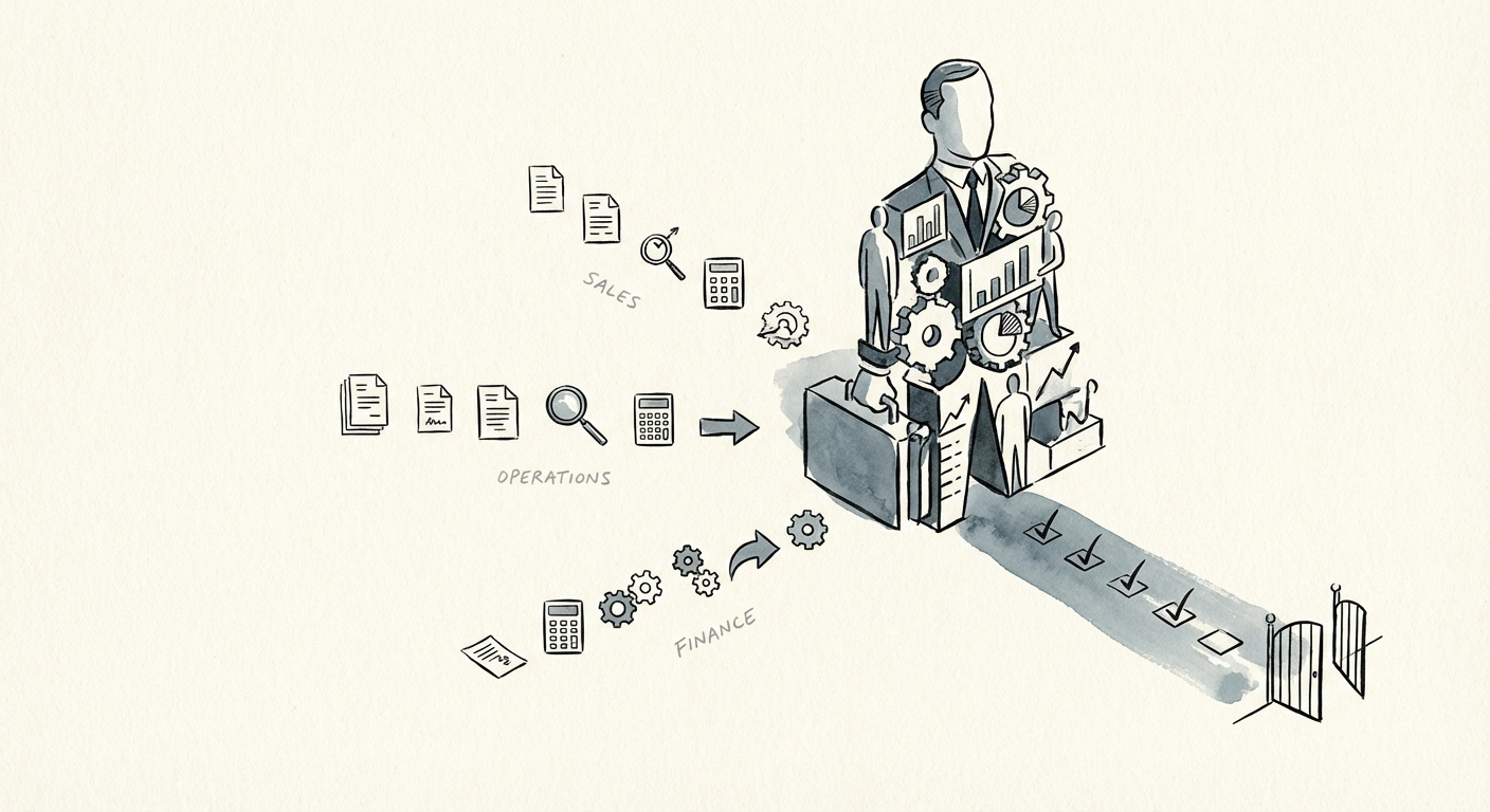 Founder Extraction Checklist showing 30 distinct business processes across sales, operations, and finance