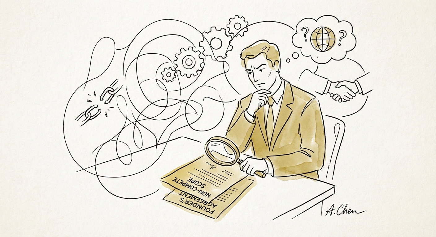 Founder reviewing legal non-compete contract terms during M&A due diligence