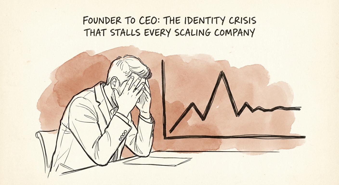 A stressed founder looking at a growth chart that has plateaued, symbolizing the bottleneck.