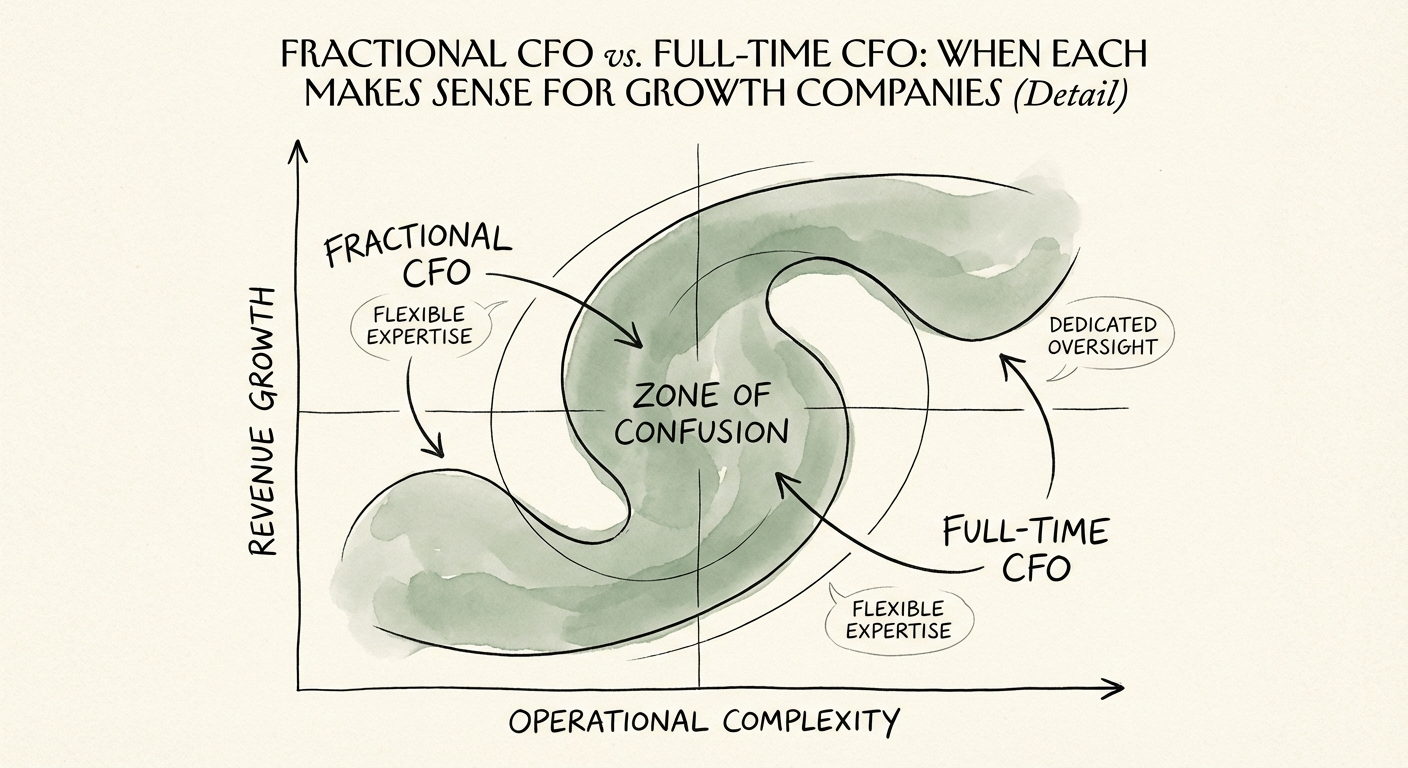 A graph showing the intersection of Revenue Growth and Operational Complexity, indicating the 'Zone of Confusion' where fractional CFOs are most effective.