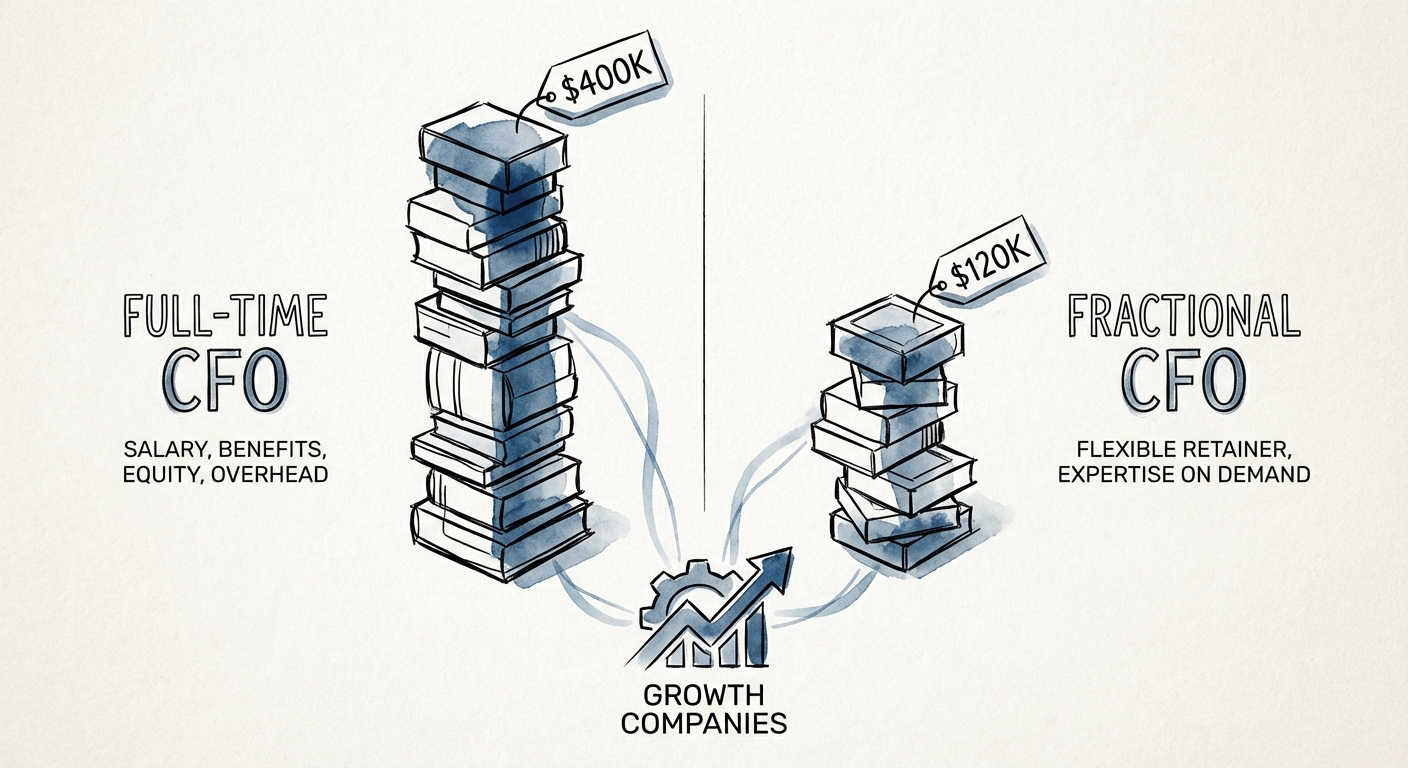 A split-screen comparison showing a full-time CFO cost stack ($400k) versus a fractional CFO cost stack ($120k).