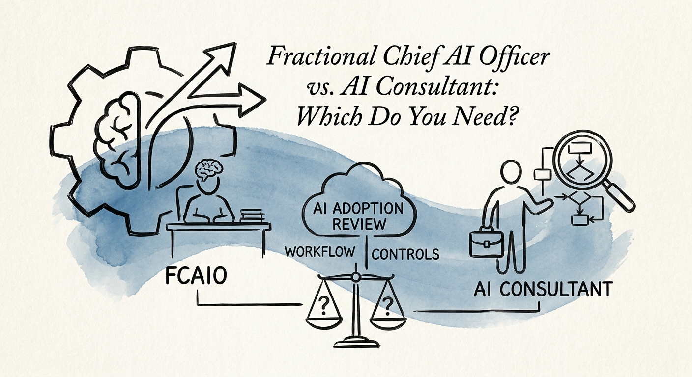 Fractional AI leadership cadence coordinating workflow backlog, vendors, governance, and adoption.