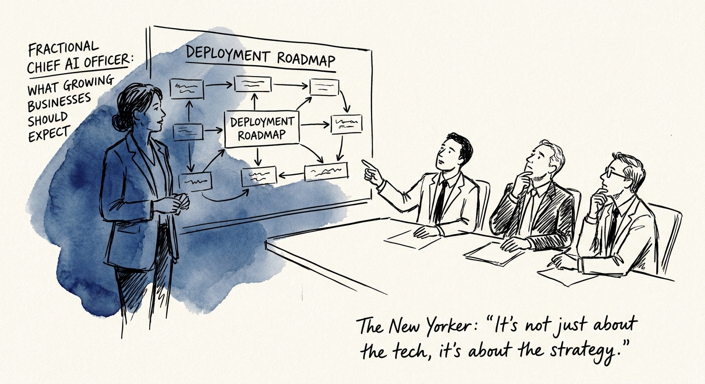 Fractional AI leader reviewing an implementation roadmap with a mid-market executive team.